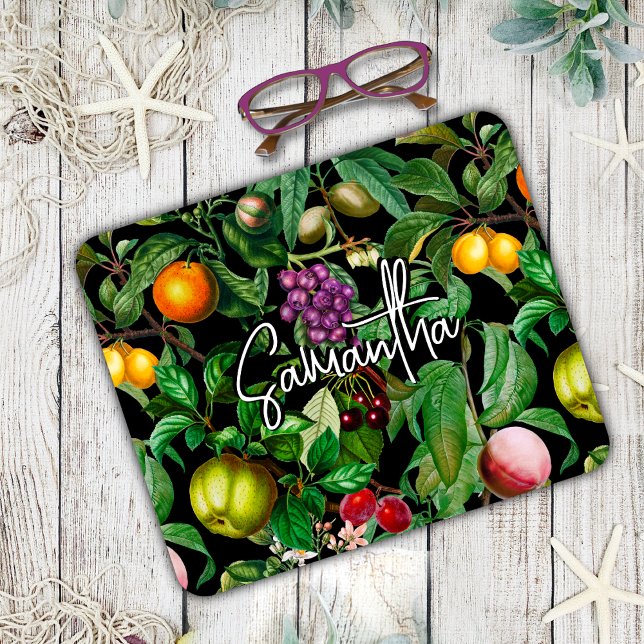 Elegant tropical fruits black pattern monogram mouse pad (Creator Uploaded)
