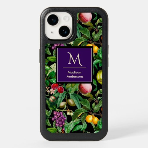 Elegant tropical fruits black pattern monogram OtterBox iPhone 14 case