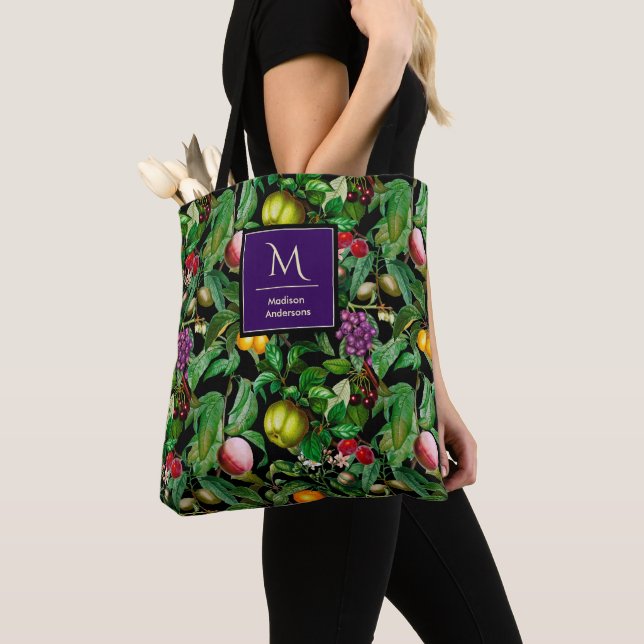 Elegant tropical fruits black pattern monogram tote bag (Close Up)