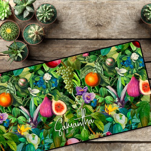 Elegant tropical fruits green pattern monogram desk mat