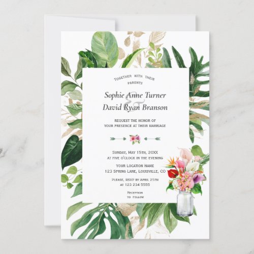 Elegant Tropical Garden Flowers Gold Wedding Invitation