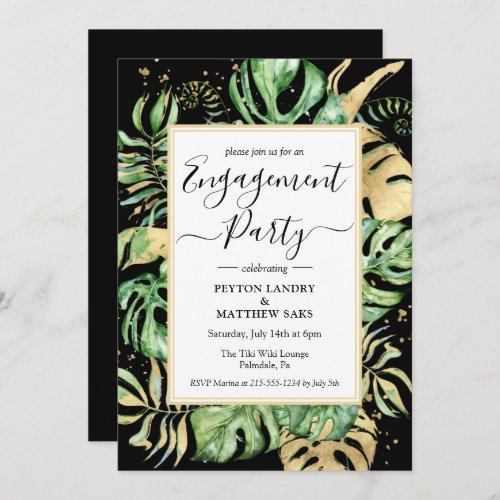 Elegant Tropical Gold  Black Engagement Party Invitation