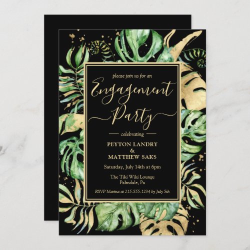 Elegant Tropical Gold  Black Engagement Party Invitation