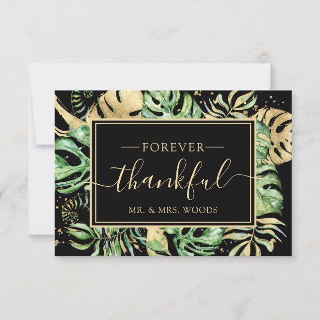 Elegant Tropical Gold & Black Wedding Shower Thank You Card (Front)