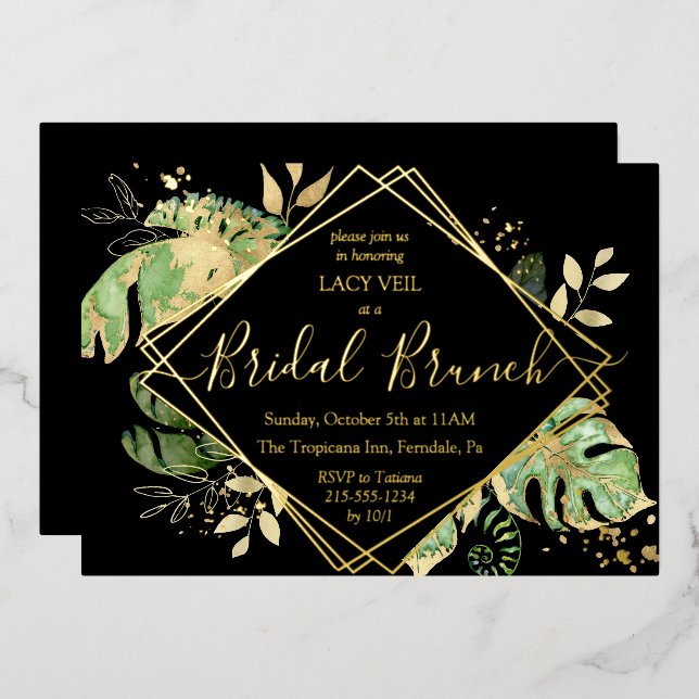 Elegant Tropical Gold Bridal Brunch Black & Gold Foil Invitation (Front/Back)