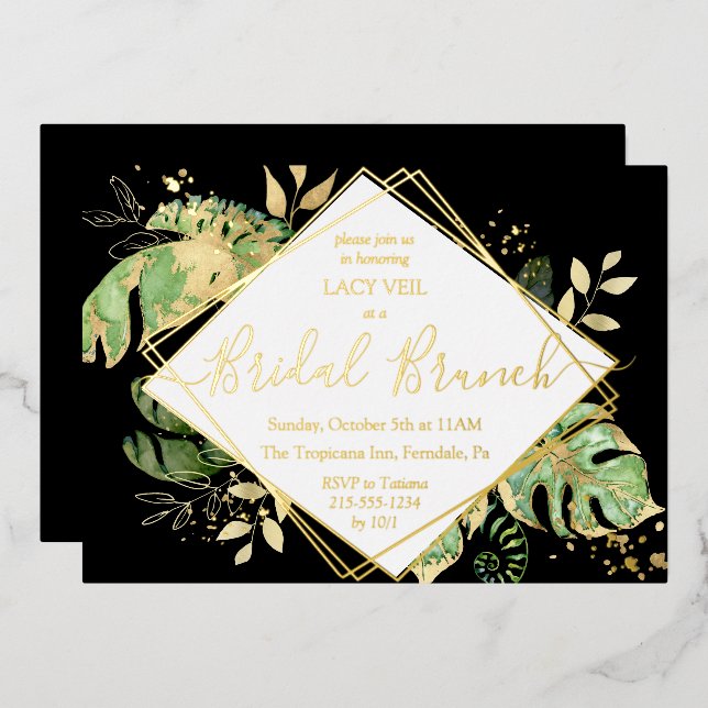 Elegant Tropical Gold Bridal Brunch Black & Gold Foil Invitation (Front/Back)
