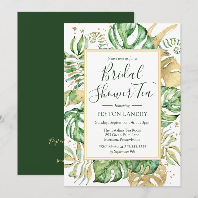 Elegant Tropical Gold Bridal Shower Tea Party Invitation (Front/Back)