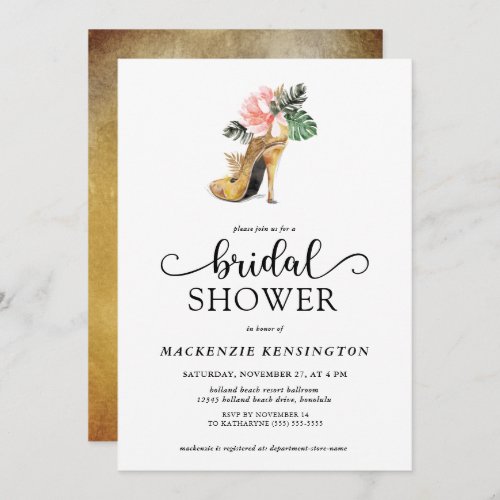 Elegant Tropical Gold Glam Heels Bridal Shower Invitation