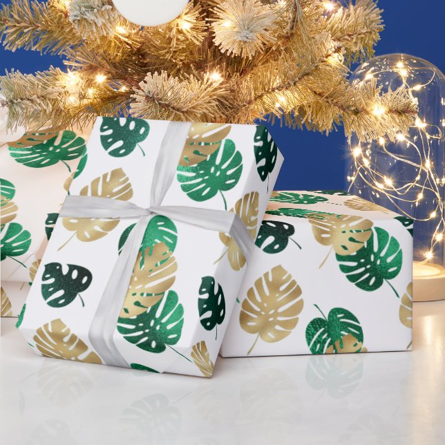 Elegant Tropical Gold & Green Monstera Leaves Wrapping Paper (Holidays)