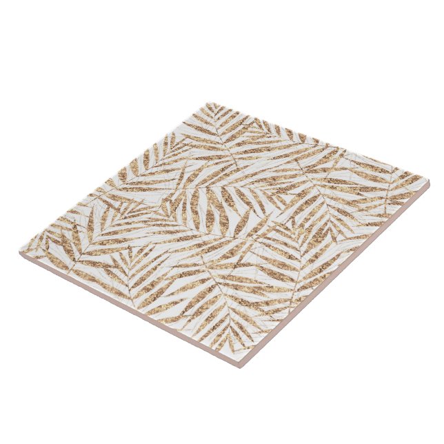 Elegant Tropical Gold Palm Leaves Ceramic Tile (Side)