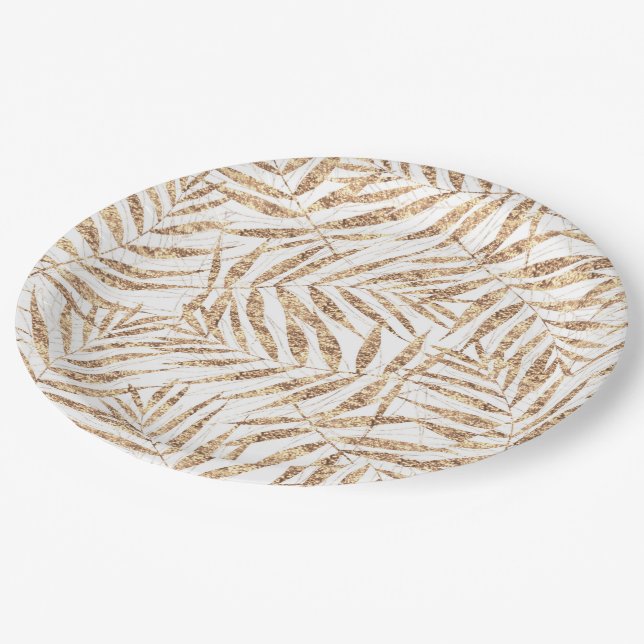 Elegant Tropical Gold Palm Leaves Paper Plates (Angled)