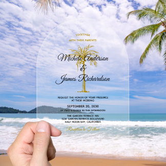 Elegant Tropical Gold Palm Tree Wedding Acrylic Invitations