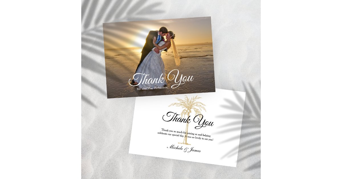 Elegant Tropical Gold Palm Tree Wedding Photo Thank You Card | Zazzle