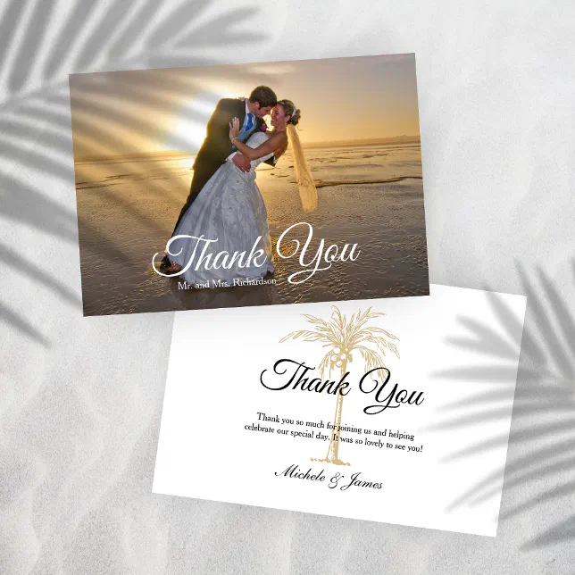 Elegant Tropical Gold Palm Tree Wedding Photo Thank You Card | Zazzle