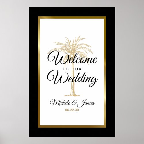Elegant Tropical Gold Palm Tree Wedding Welcome Poster