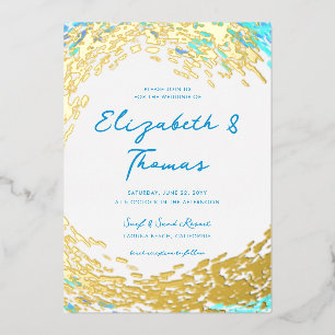 Elegant Tropical Gold Surfer Wave Beach Wedding Foil Invitation