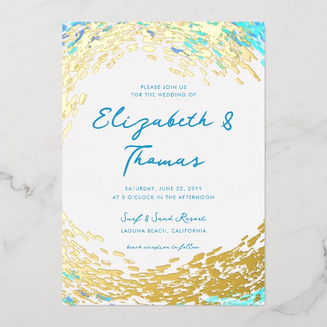 Elegant Tropical Gold Surfer Wave Beach Wedding Foil Invitation (Front)