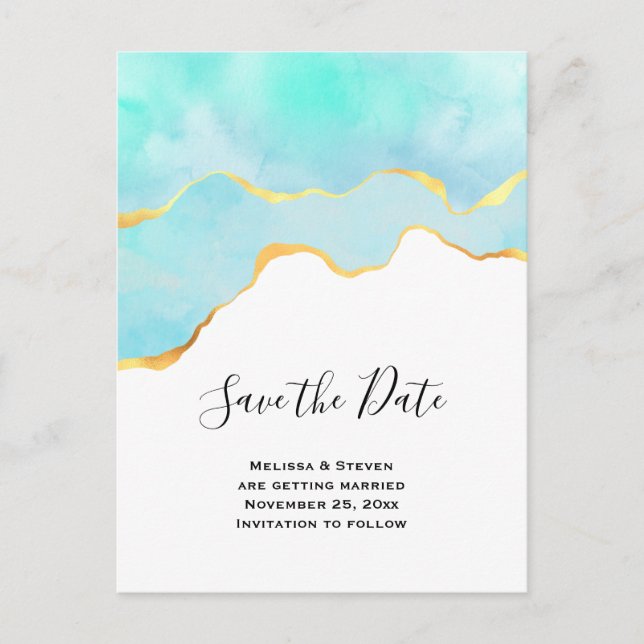 Elegant Tropical Green and Gold Save the Date Invitation Postcard (Front)