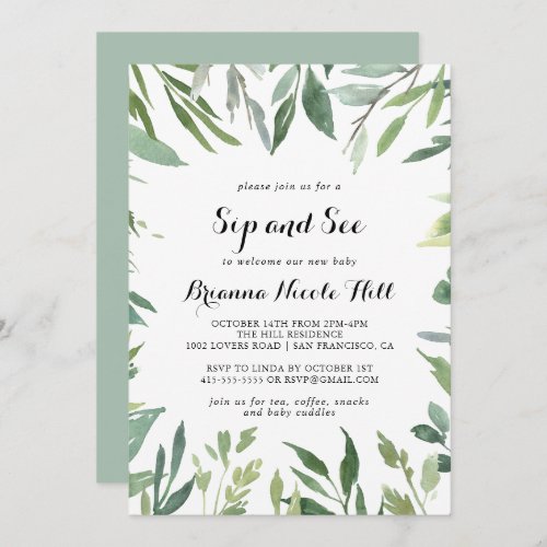 Elegant Tropical Green Calligraphy Sip and See Invitation