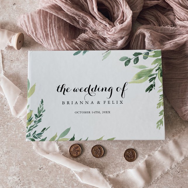 Elegant Tropical Green Foliage Calligraphy Wedding Guest Book (Creator Uploaded)