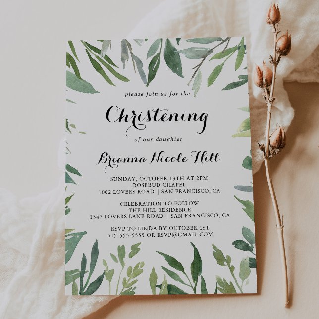 Elegant Tropical Green Foliage Christening Invitation (Creator Uploaded)