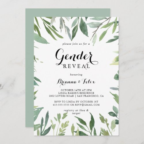 Elegant Tropical Green Foliage Gender Reveal Party Invitation