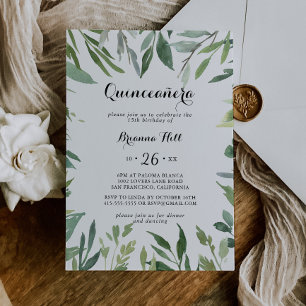 Elegant Tropical Green foliage Quinceañera Invitation