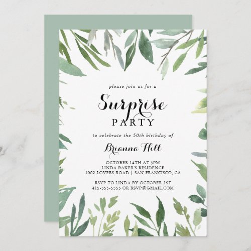 Elegant Tropical Green Foliage Surprise Party Invitation
