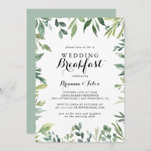 Elegant Tropical Green Foliage Wedding Breakfast Invitation