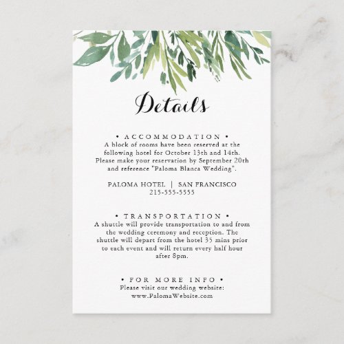 Elegant Tropical Green Foliage Wedding Details Enclosure Card