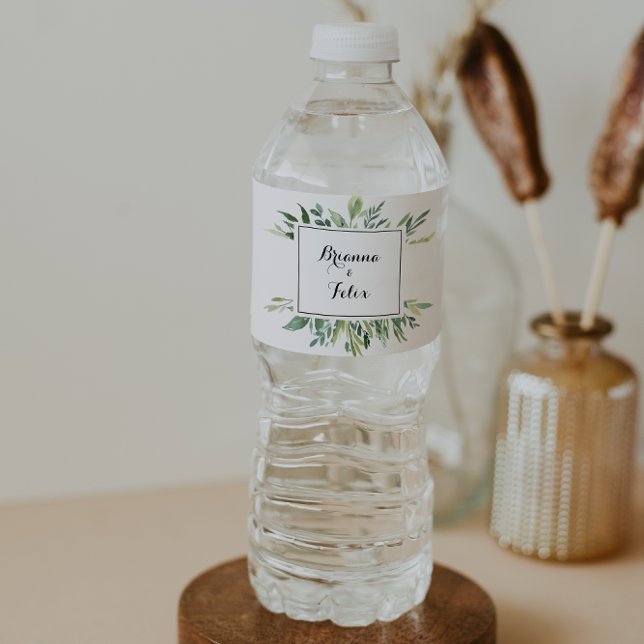 Elegant Tropical Green Foliage Wedding Water Bottle Label (Creator Uploaded)
