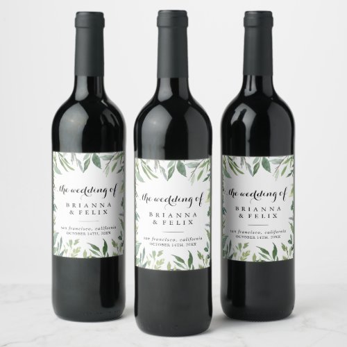 Elegant Tropical Green Foliage Wedding Wine Labels