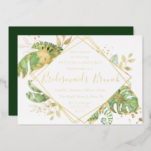 Elegant Tropical Green  Gold Bridesmaids Brunch Foil Invitation