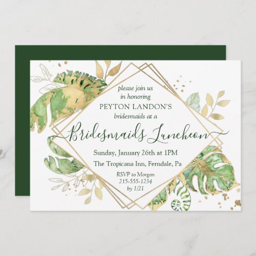 Elegant Tropical Green  Gold Bridesmaids Luncheon Invitation