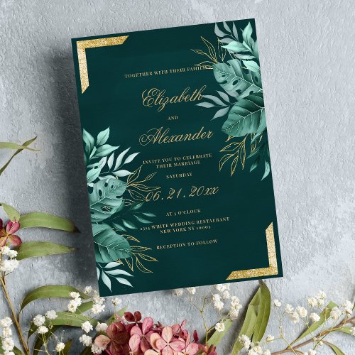 Elegant tropical green gold glitter floral wedding invitation