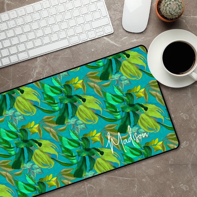 Elegant tropical green leave aqua pattern monogram desk mat (Creator Uploaded)