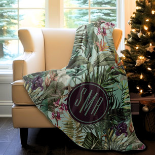 Elegant tropical green leaves floral aqua pattern fleece blanket