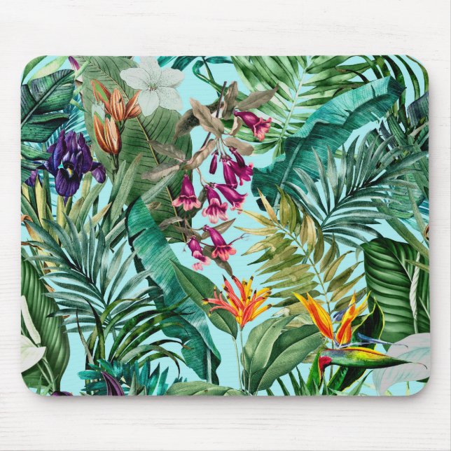 Elegant tropical green leaves floral aqua pattern mouse pad (Front)