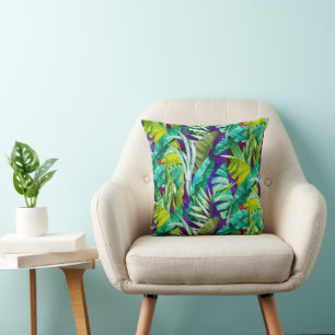 Elegant tropical green leaves purple pattern throw pillow