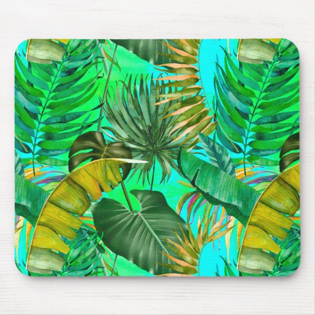Elegant tropical green leaves yellow blue pattern mouse pad (Front)