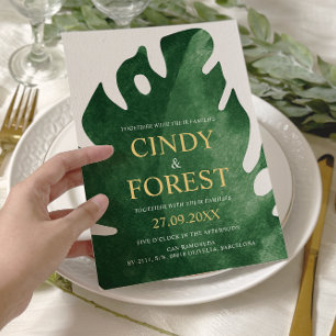 Elegant Tropical Green Monstera Leaf Wedding Invitation