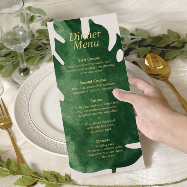 Elegant Tropical Green Monstera Leaf Wedding Menu (Creator Uploaded)