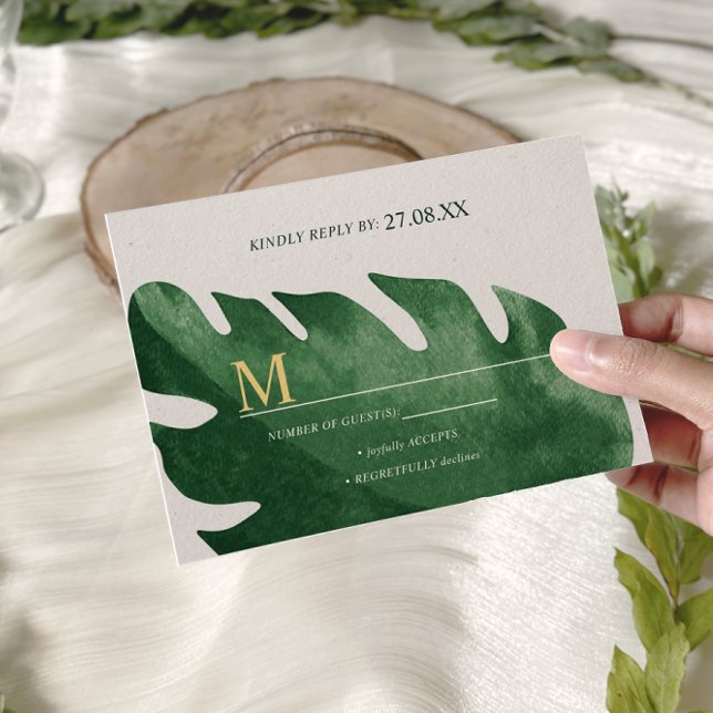 Elegant Tropical Green Monstera Leaf Wedding RSVP Card (Creator Uploaded)