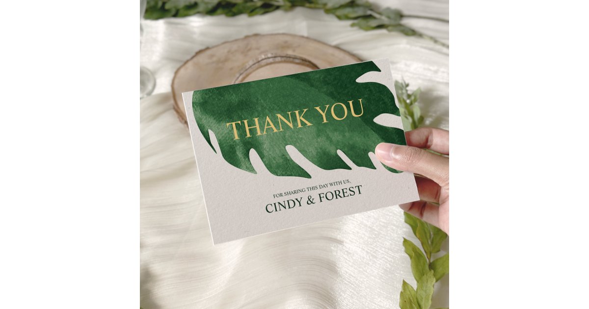 Elegant Tropical Green Monstera Leaf Wedding Thank You Card | Zazzle