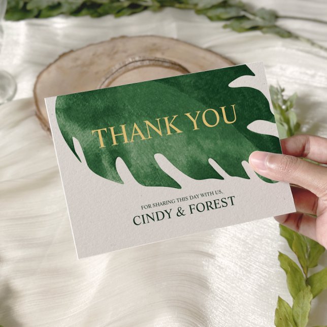 Elegant Tropical Green Monstera Leaf Wedding Thank You Card (Creator Uploaded)