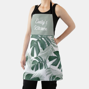 Elegant Tropical Green Palm Leaf Kitchen Apron
