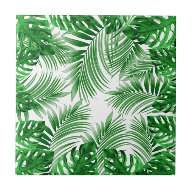 elegant Tropical green palm leaf pattern Ceramic Tile (Front)