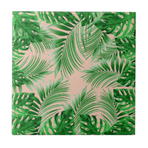 Elegant Tropical green palm leaves pattern pink ba Ceramic Tile
