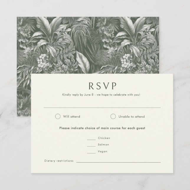 Elegant Tropical Green Vintage Style Wedding RSVP Card (Front/Back)