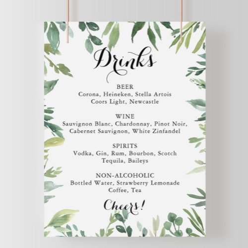 Elegant Tropical Green Wedding Drinks Menu Sign